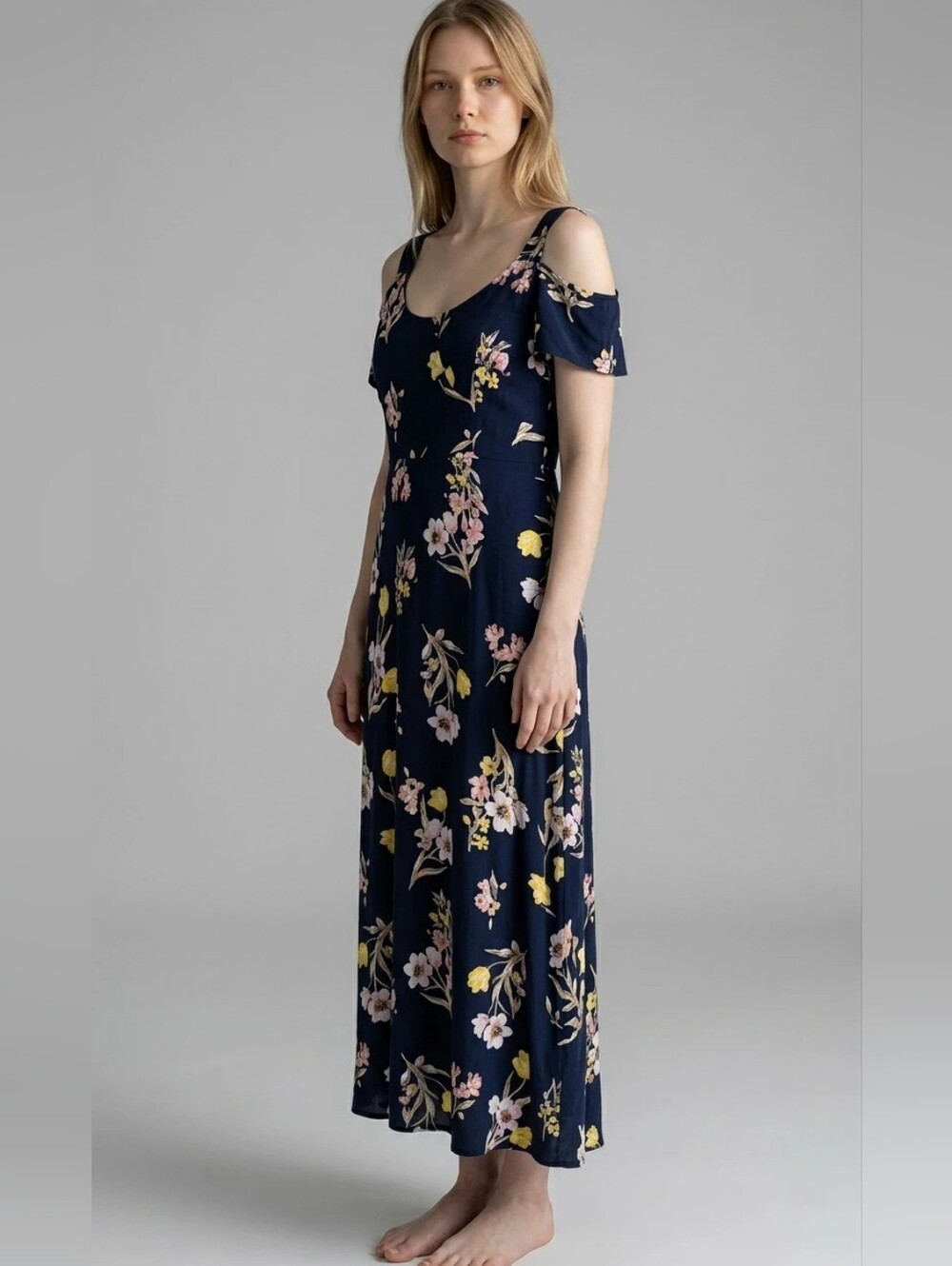 M T Collection Navy Floral Maxi Dress sz L
